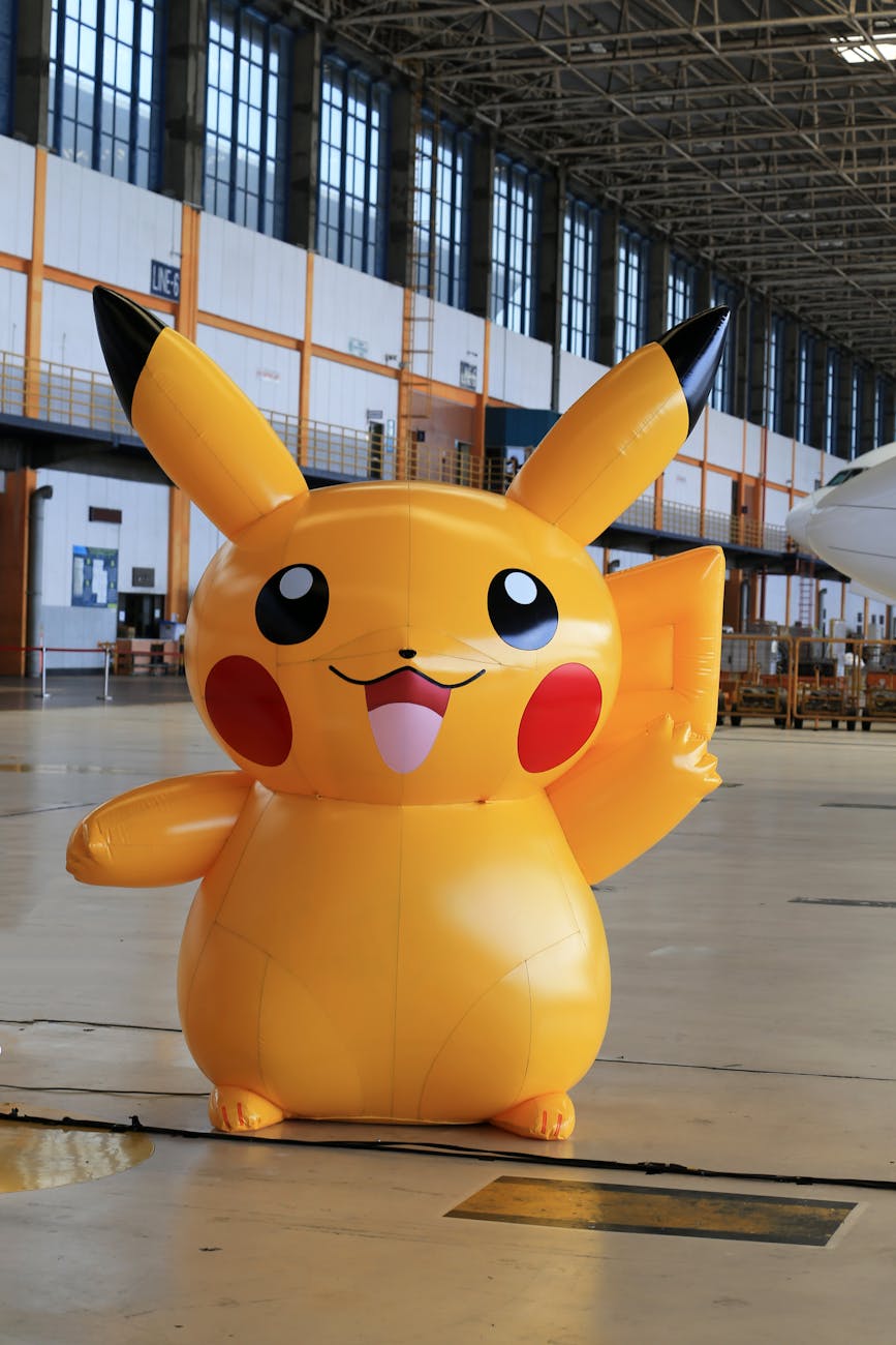 inflatable pikachu inside industrial warehouse
